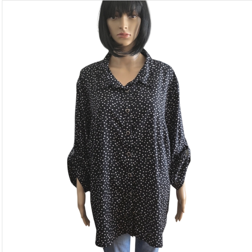 Claire France Black With White Dot Button Shirt With Ajustable Sleeve, Size 24 - Picture 12 of 13